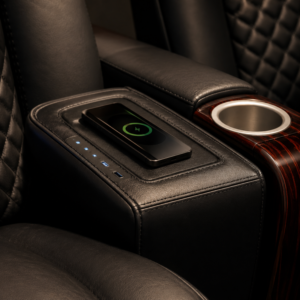 Cinema wireless charging console with USB-C