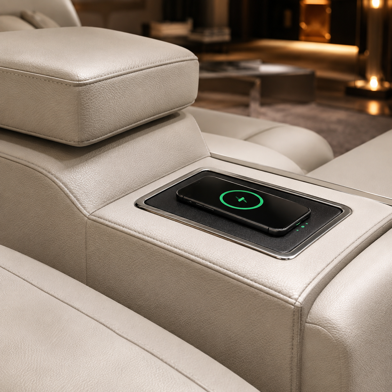 Lounge wireless charging module integrated into console