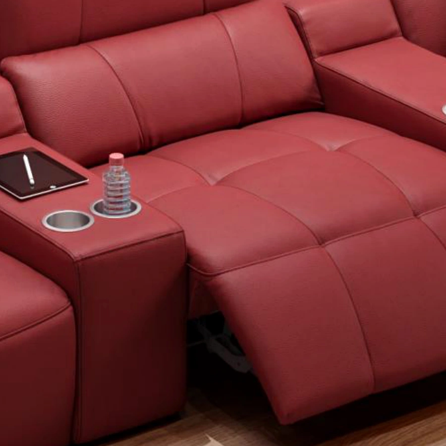 Luna Media Sofa center console detail with cupholder