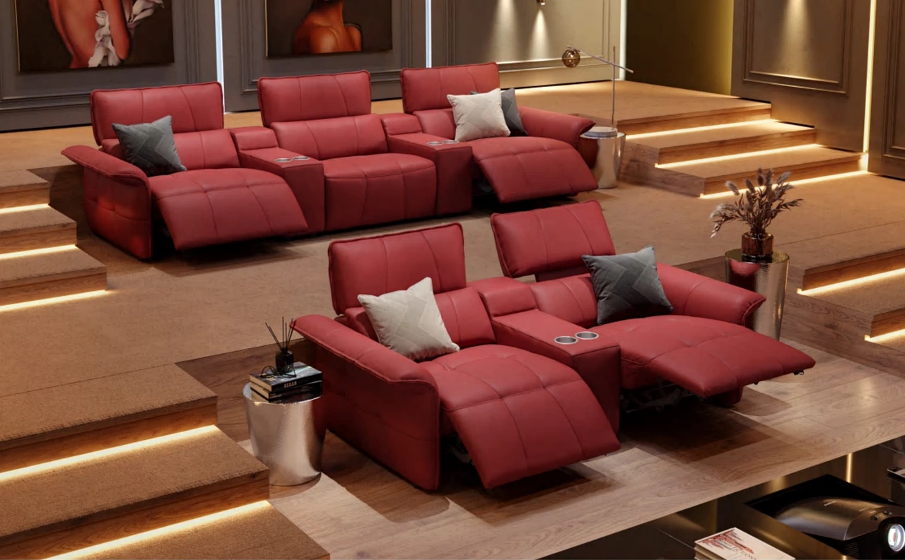 Luna Media Sofa red leather three-seat media sofa in a private cinema setting