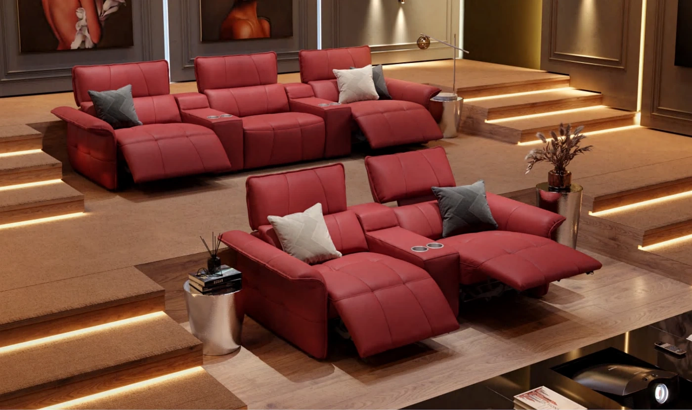Luna Media Sofa layout showing both the front loveseat and the rear three-seat row