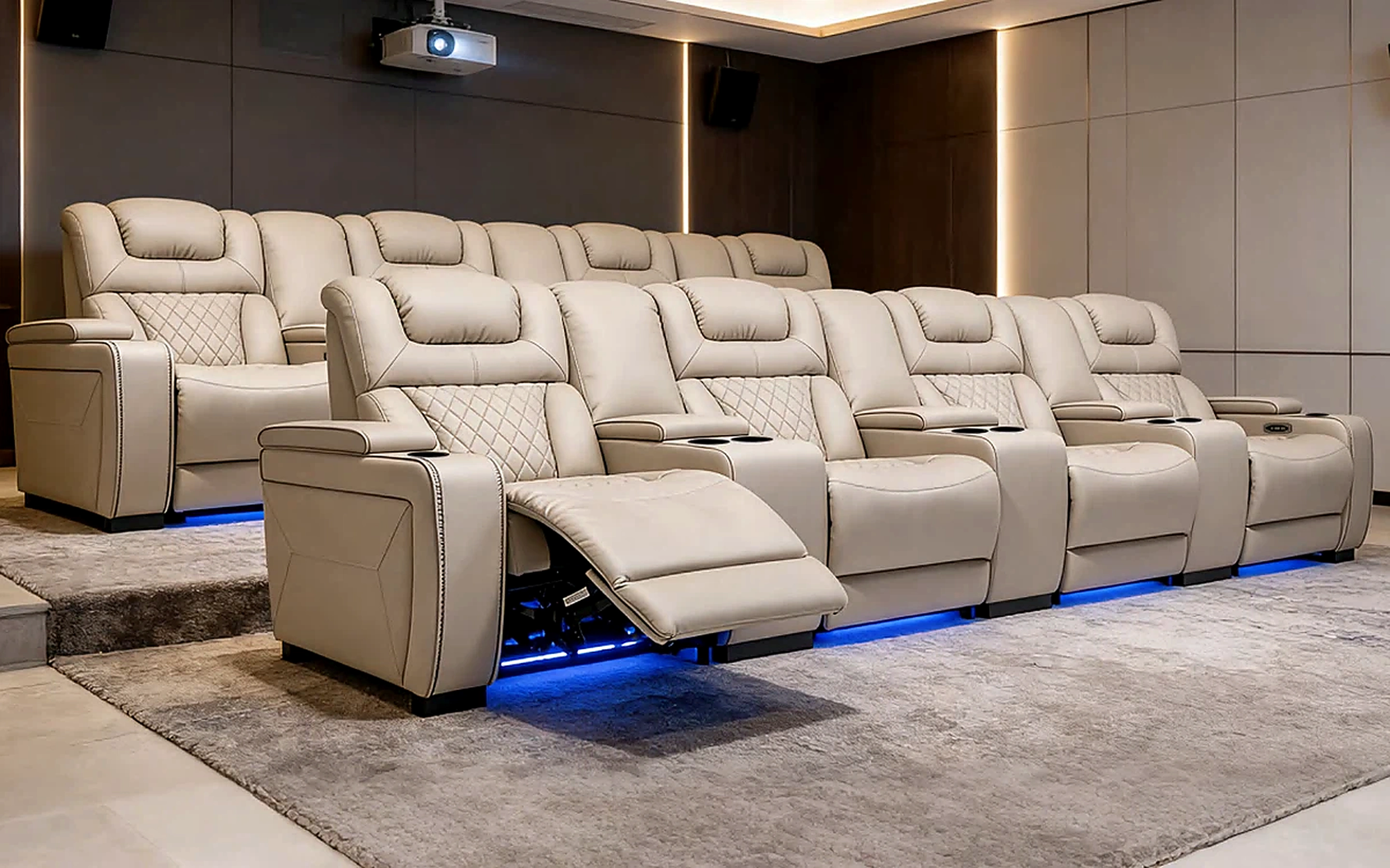 Alabaster Row cream leather seating in a private cinema room