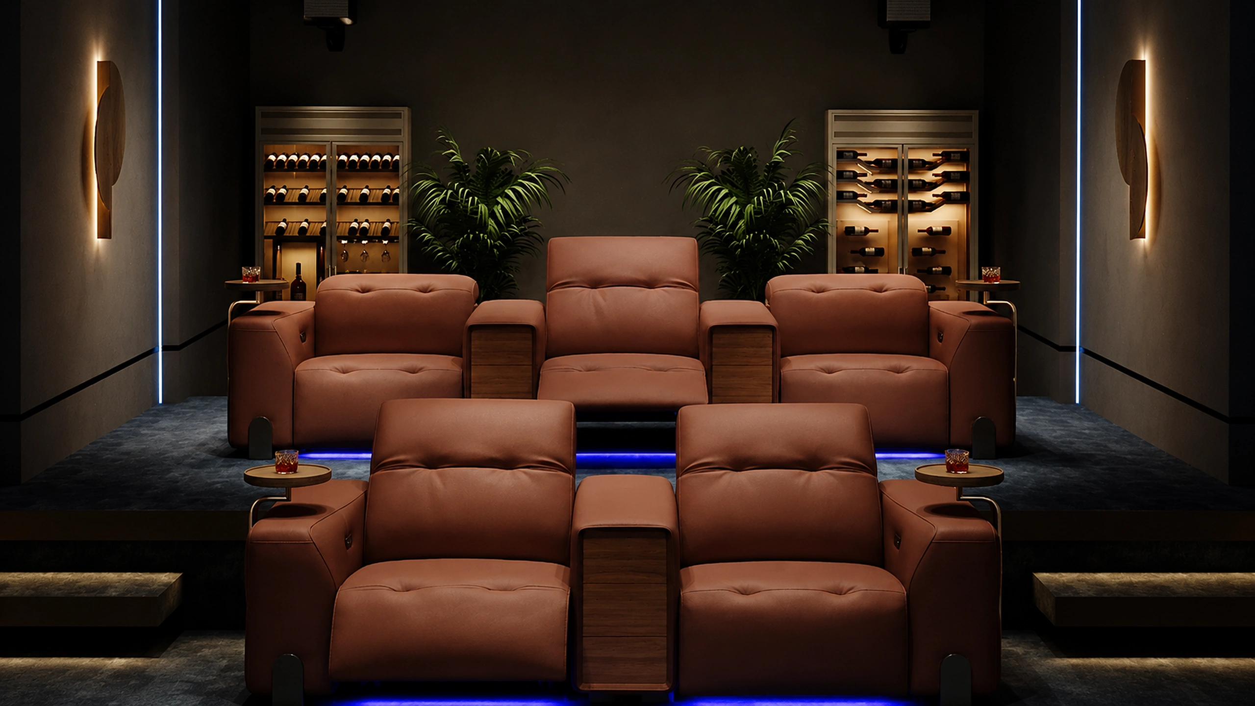 Cabinet Row private cinema seating with solid-wood storage cabinets