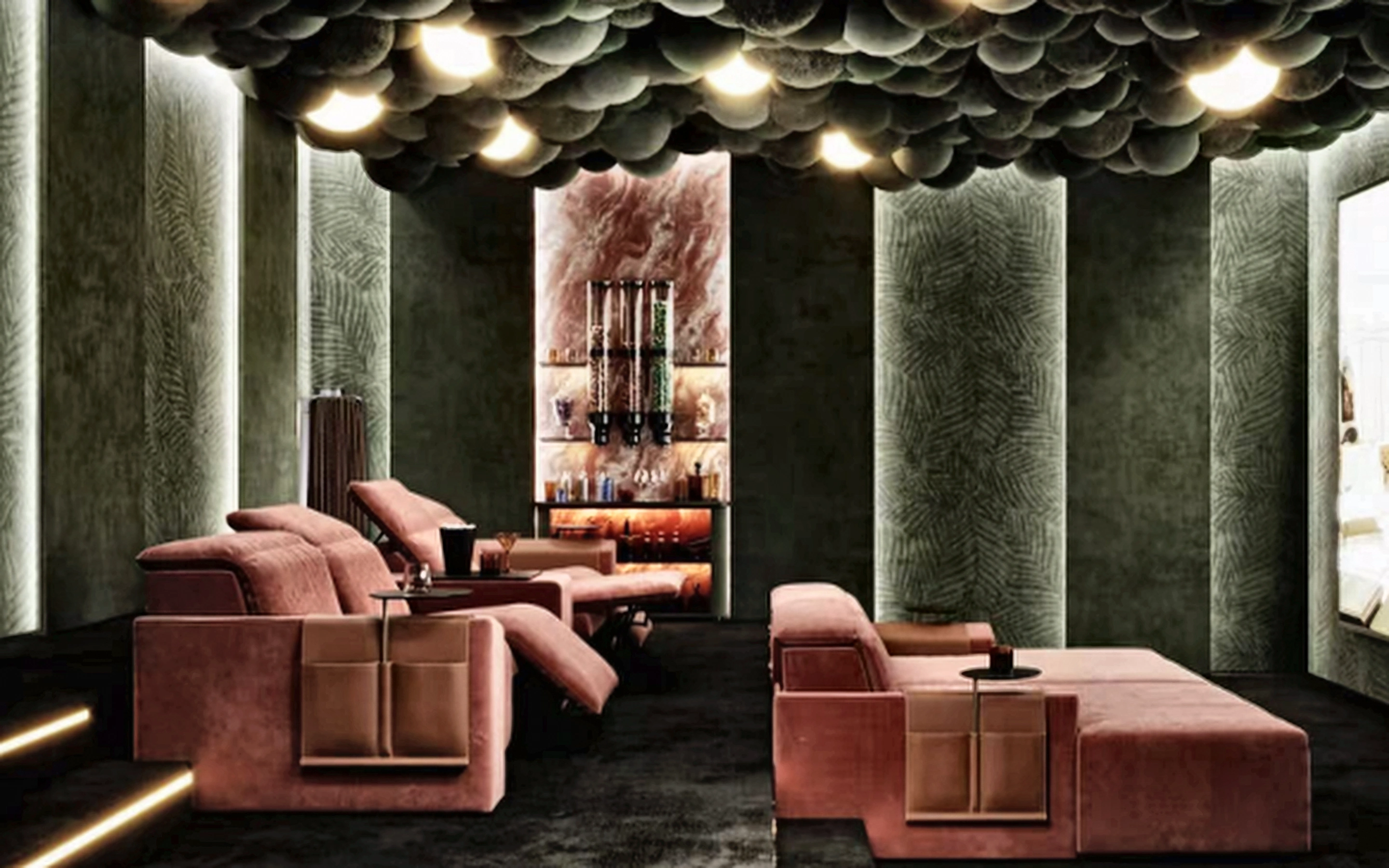 Drift Row fabric seating in a tiered private cinema lounge
