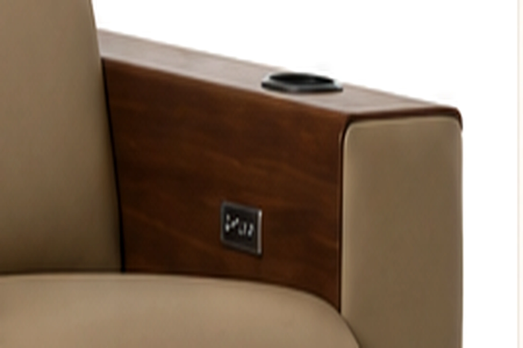 Gallery Media Row wood-accent arm and cupholder detail