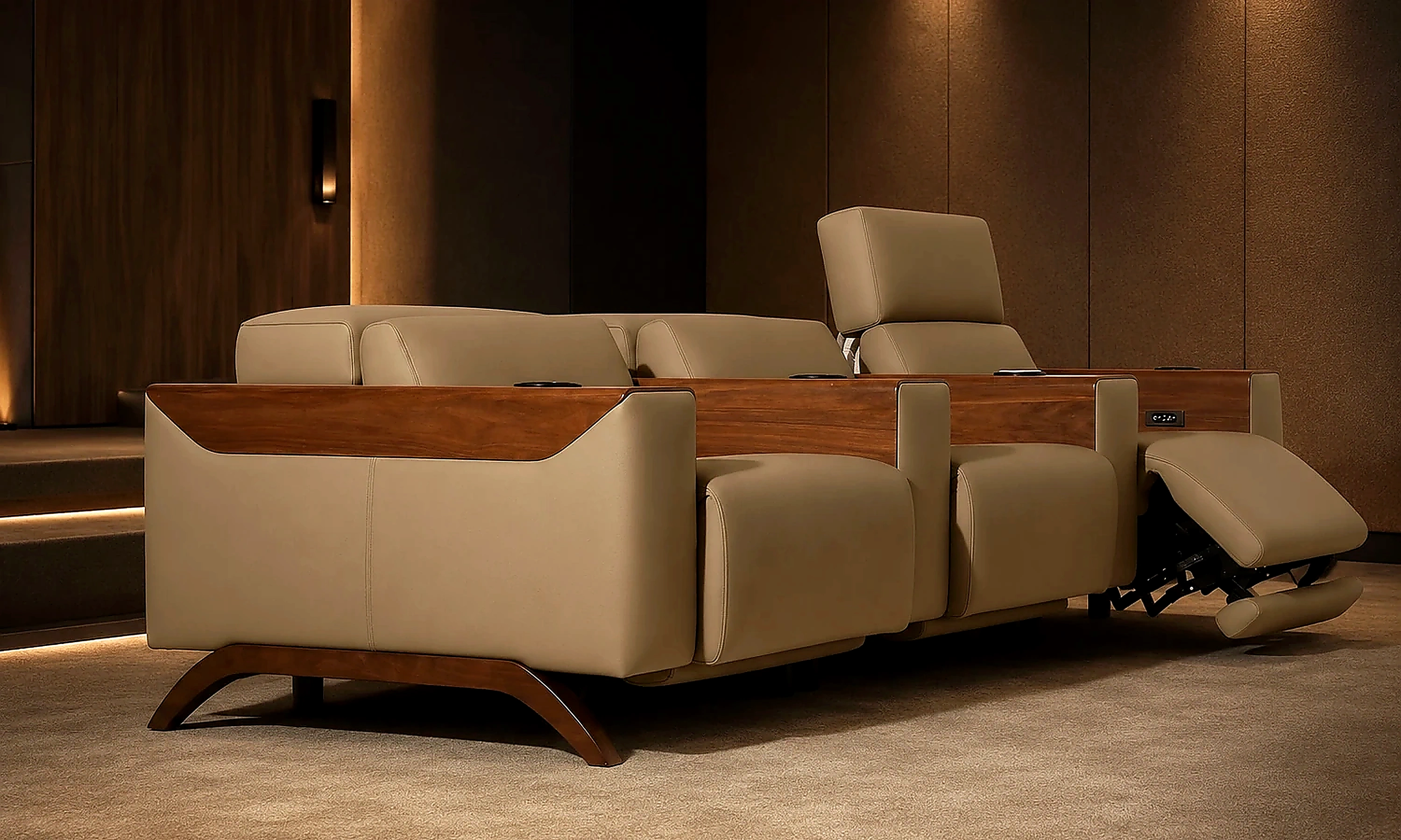 Gallery Media Row architectural cinema seating with warm wood accents