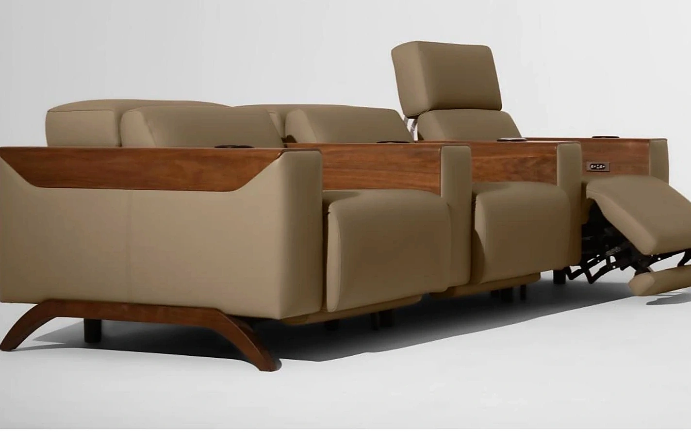 Gallery Media Row powered seat and wood-accent media surface overview