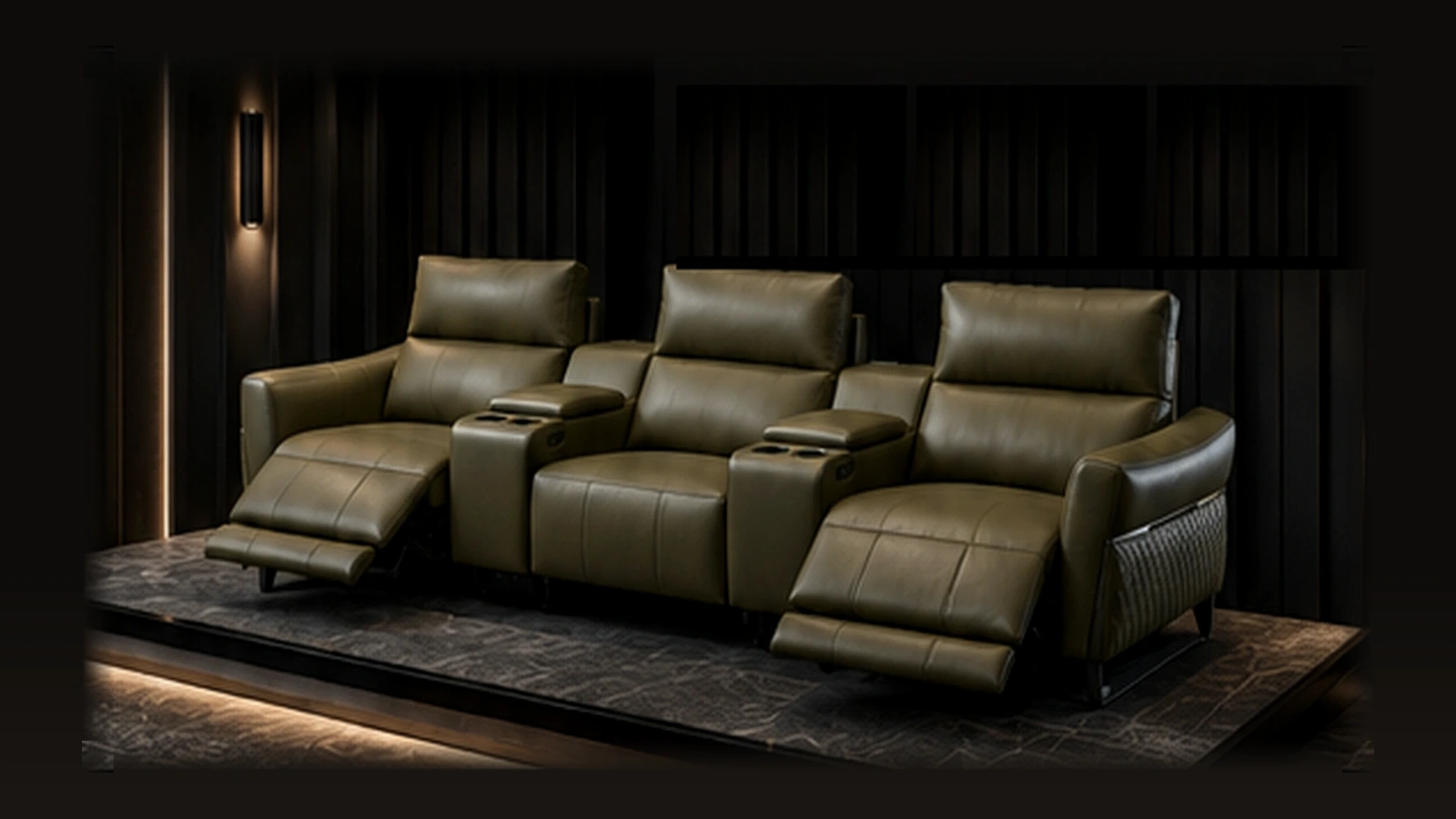 Heritage Row olive leather seating in private cinema composition
