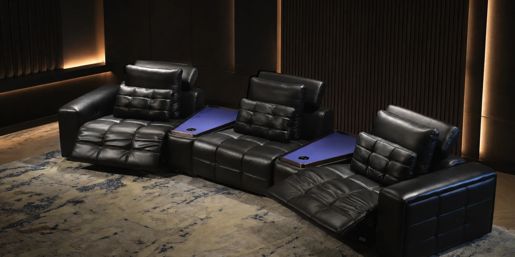 Onyx Console Row black leather seating in private room