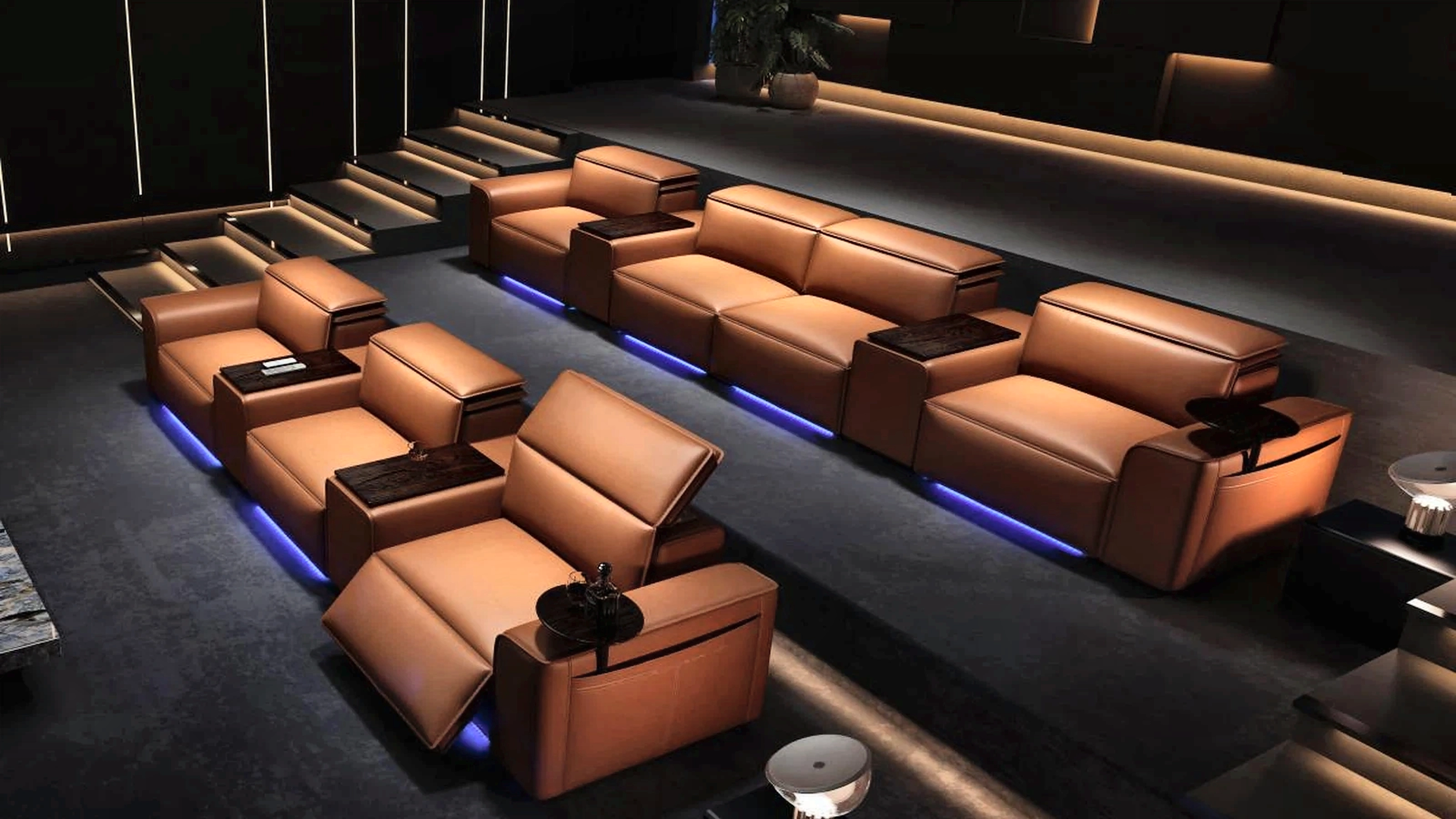 Sienna Console Row caramel leather private cinema seating