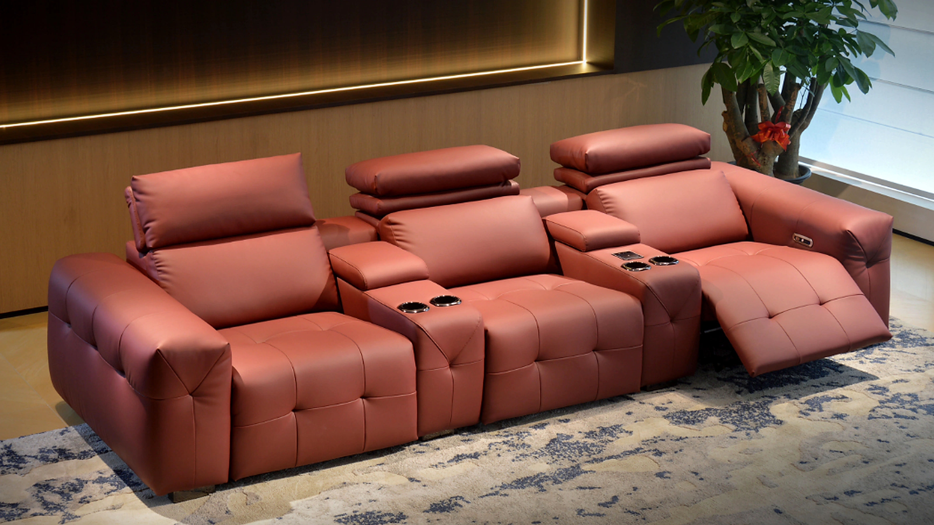 Studio Row rose-brown leather low-profile cinema seating
