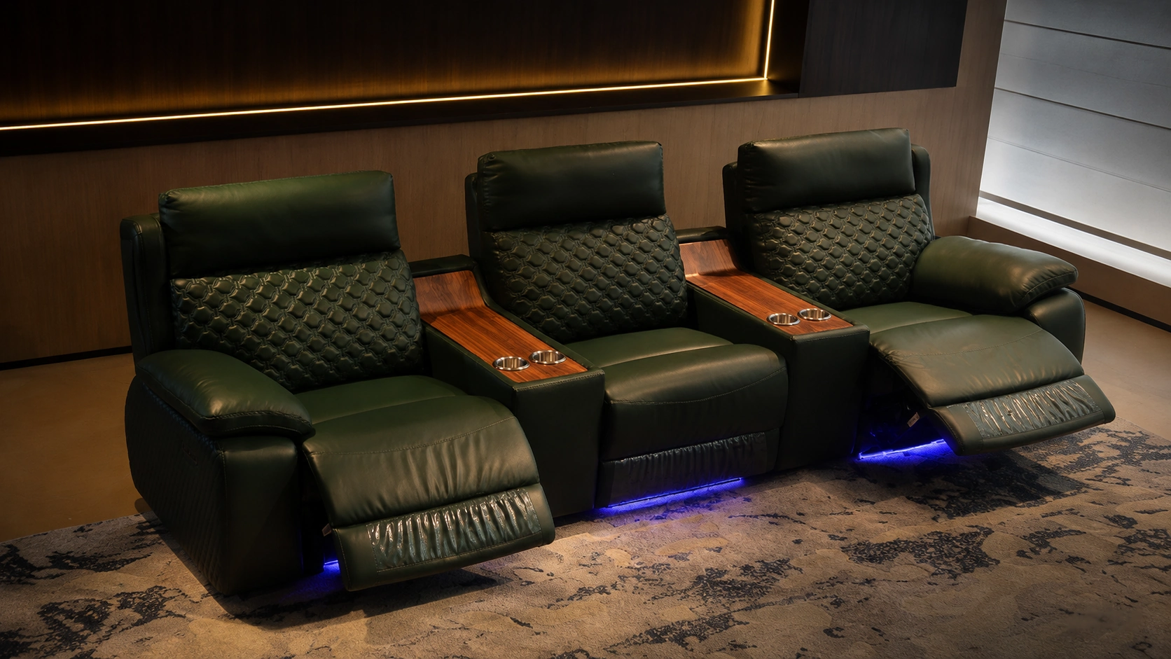 Walnut Row three-seat cinema seating shown in a dedicated media room
